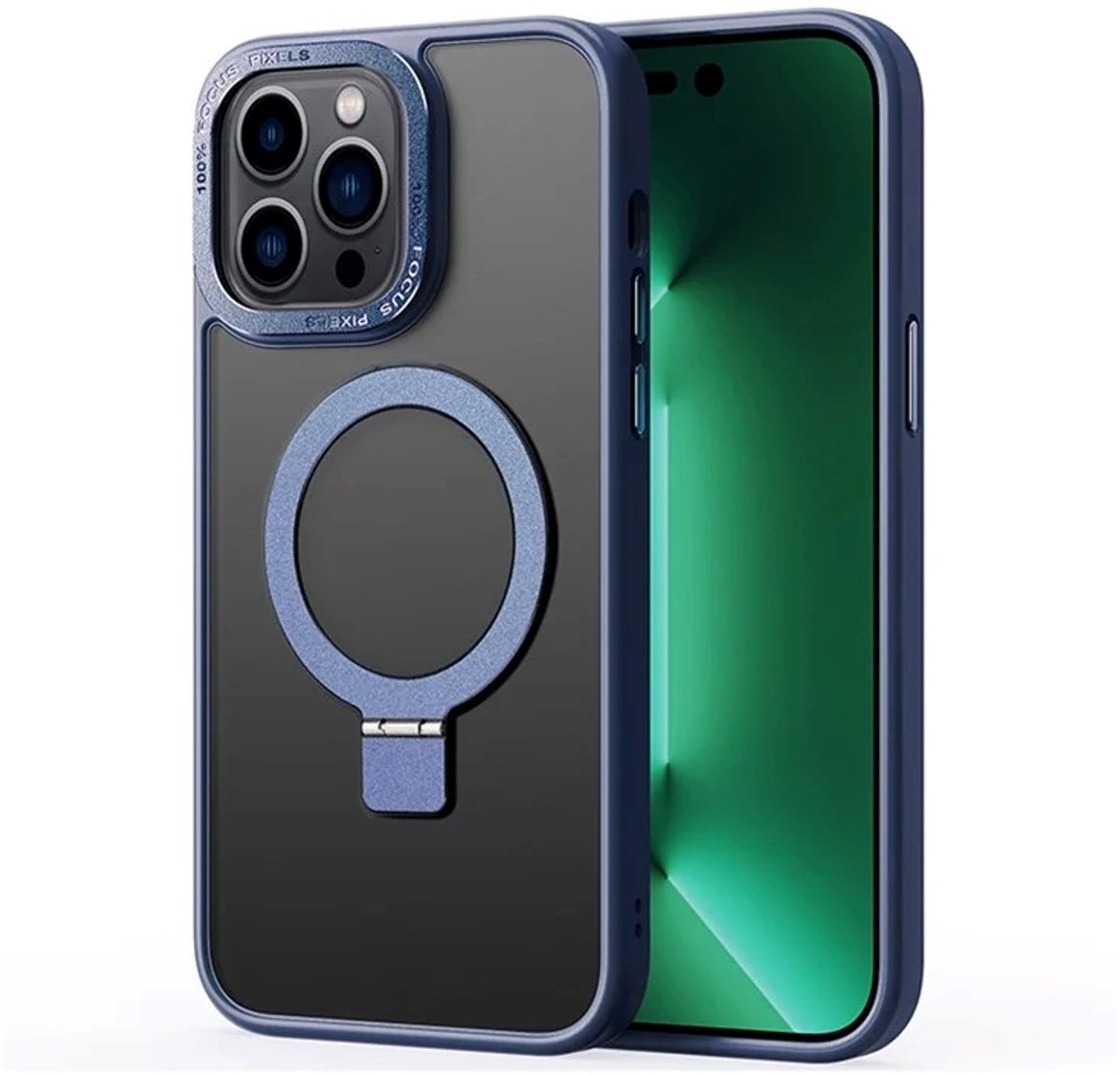 Cityhoesje - iPhone 15 Pro Max - Magnetic - Ring Holder Kickstand - Protective – Backcase - Blauw