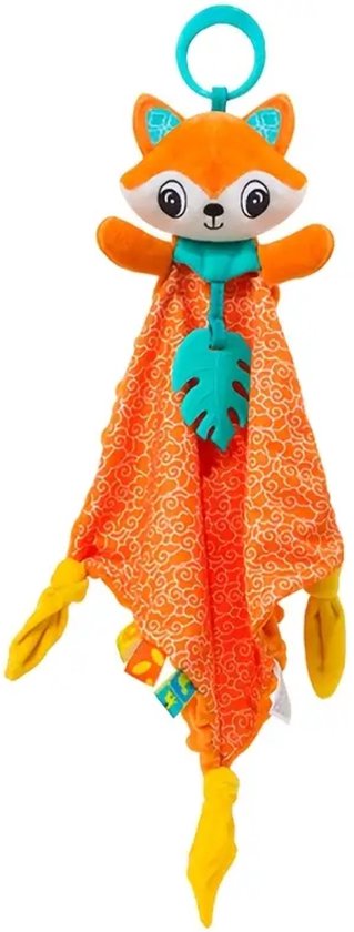 Doudou renard orange pour bébé avec motif, foulard bleu et extrémités jaunes.