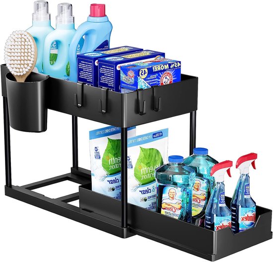 Onderkast, Uitschuifbare Opberglade, Mand, Organizer, 2 Lagen, Uittrekbare Organizer Voor Onder De Gootsteen En Opbergruimte, Uitrolplank Met Haken En Hangende Kopjes Voor Keuken Badkamer Wit