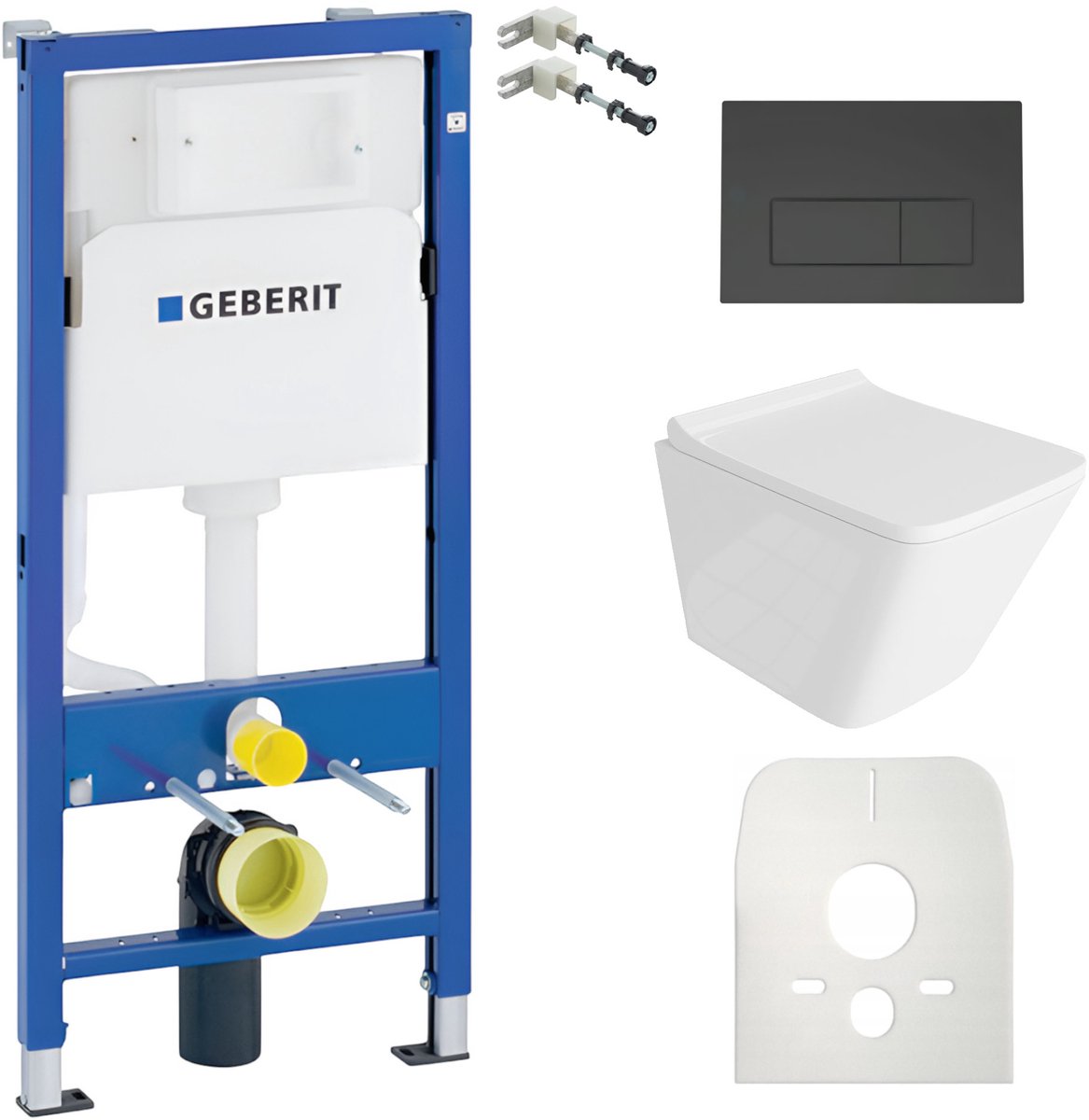 Inbouwreservoir Complete Toiletset Geberit Duofix Basic - Inbouw WC Hangtoilet Wandcloset LAGO Wit Hoogglans - Bedieningsplaat DELTA Zwart - Voorwandelement - Installatiesysteem