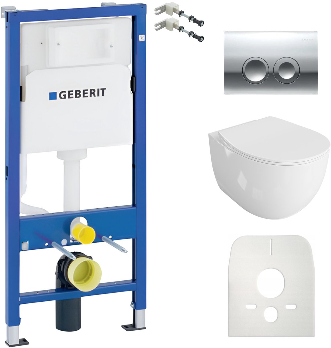 Inbouwreservoir Complete Toiletset Geberit Duofix Basic - Inbouw WC Hangtoilet Wandcloset MONDO Wit Hoogglans - Bedieningsplaat DELTA Chroom Rund - Voorwandelement - Installatiesysteem