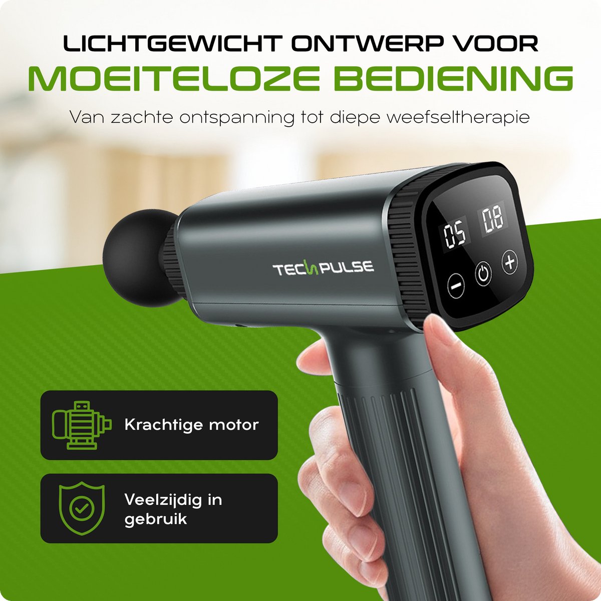 Afbeelding 2 van Techpulse Massage Gun – 30 Snelheden – Stil & Draadloos – Voor Spierherstel & Ontspanning – Inclusief 6 Opzetstukken & Koffer – Massage Apparaatparaat
