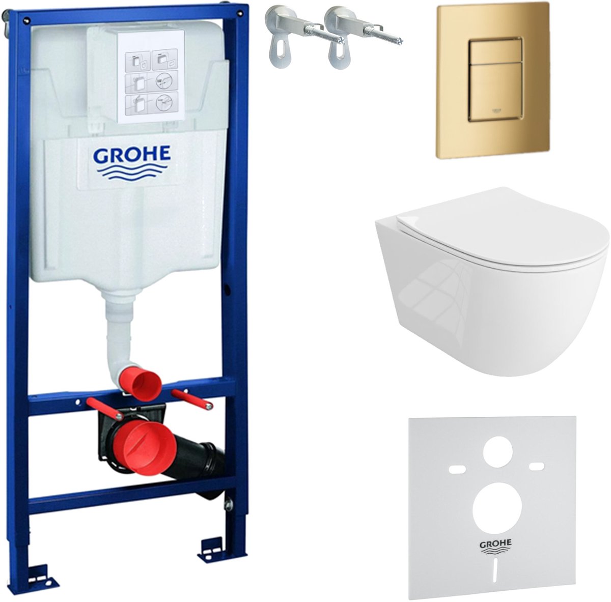 GROHE SOLIDO SINTO GRANDE - Inbouwreservoir WC - Gouden Skate drukplaat - Wit Hoogglans - Rimless Toiletset Compleet
