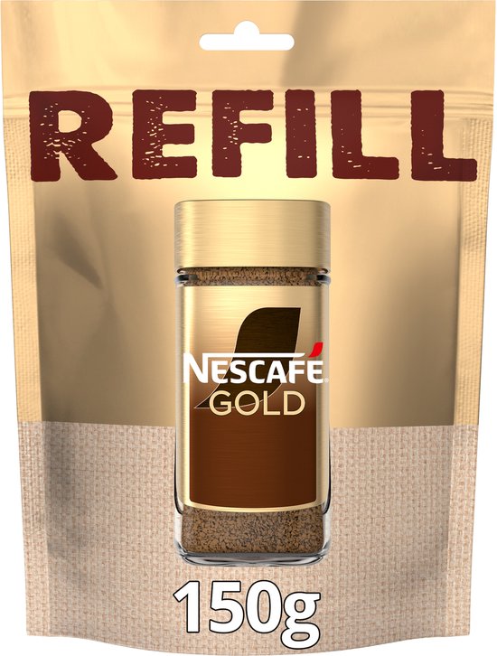 Gouden navulverpakking voor Nescafé Gold oploskoffie met een glazen pot. De zak bevat 150g koffie.