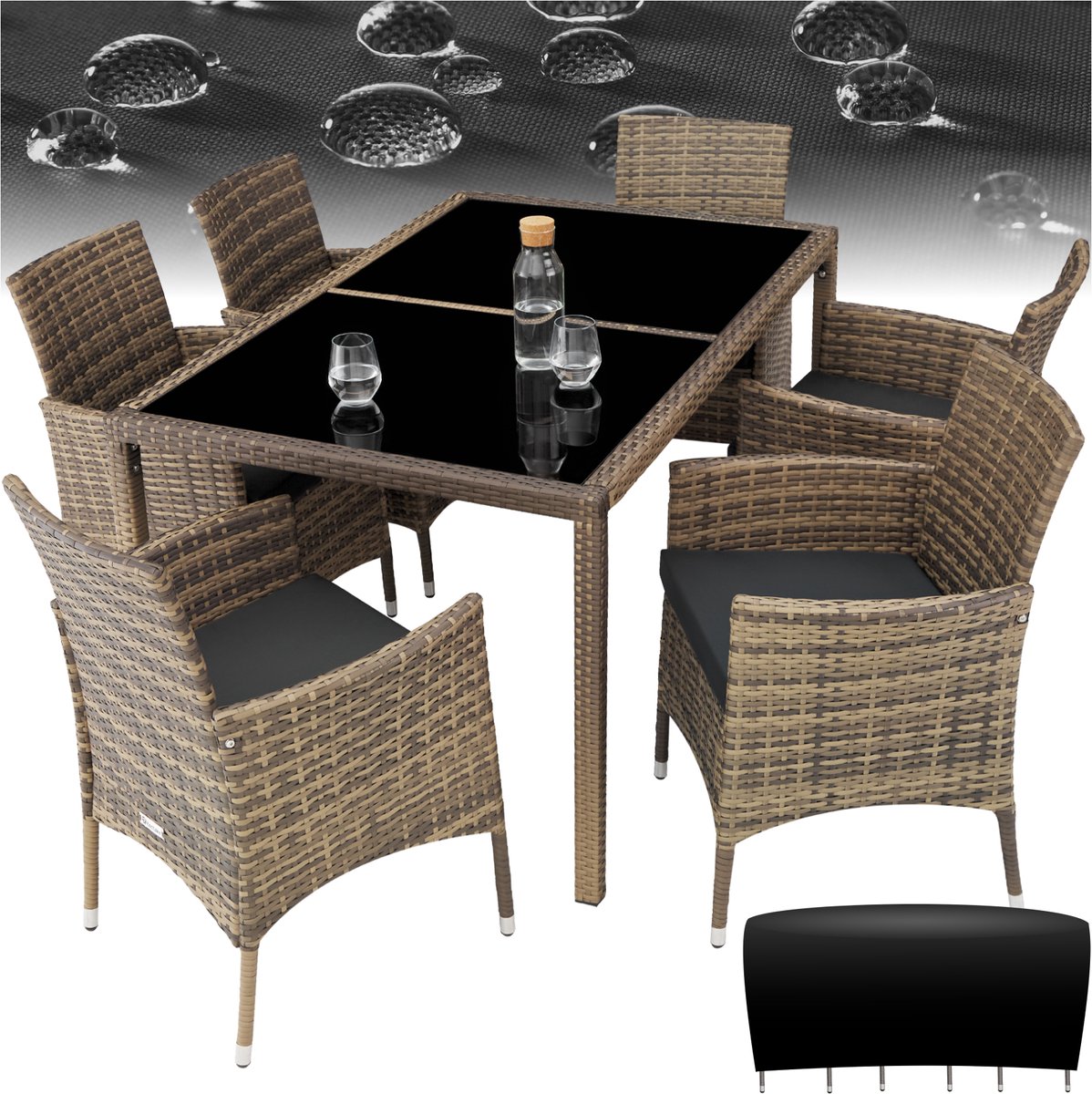 Tuintafel en 6 stoelen met zitkussens en beschermhoes, natuurkleurig poly-rattan.
