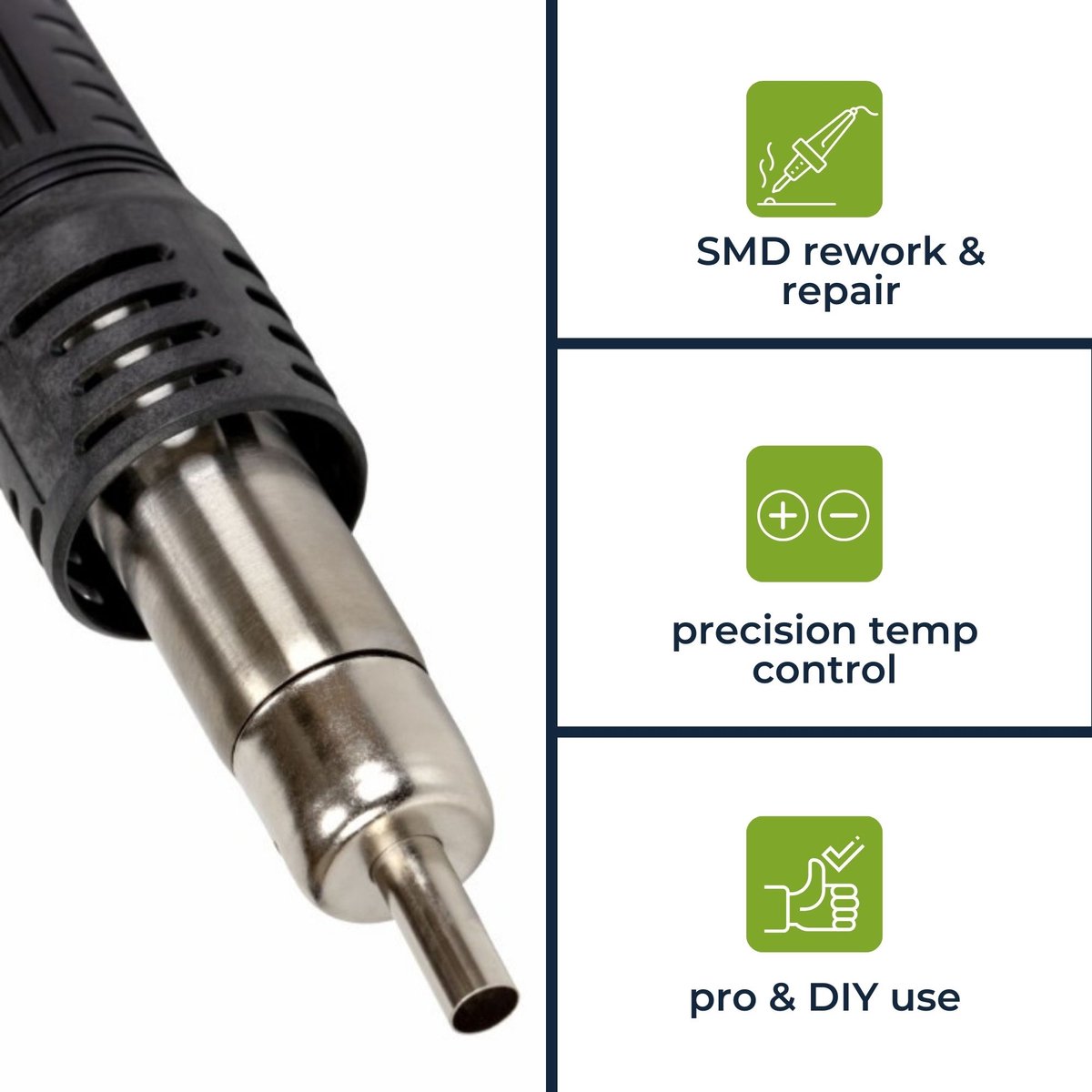 Velleman Soldeerstation, 2-in-1, voor SMD-componenten, multifunctioneel, 60 W + 300 W, temperatuurbereik 50-480 °C + 100-500 °C, grijs – foto 4