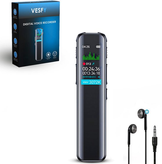 Zwarte Vesfy digitale voicerecorder naast een doos, met oordopjes ernaast.