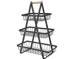 foto van Ceruzo Fruitrek met Handvat -3 Lagen Etagere - Zwart - Stijlvolle Fruitmand - Metaal en Hout- H47 cm