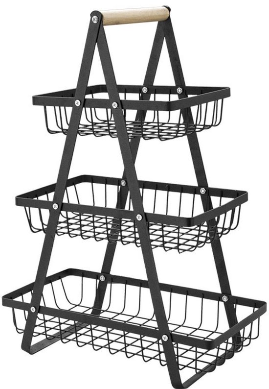 Zwart, 3-laags fruitmand met houten handvat.
