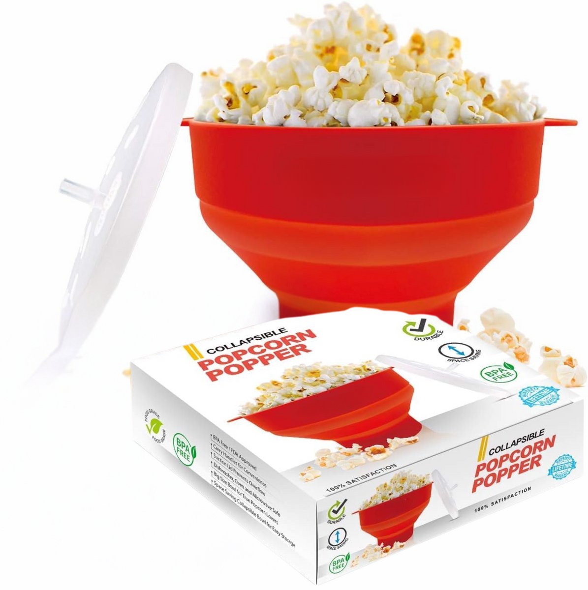 Opvouwbare Siliconen Popcorn Kom - Rood - Magnetron - Hittebestendig - Makkelijk Schoon te Maken