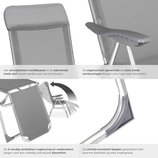tectake® - Set van 2 klapstoelen - Aluminium tuinstoelen - Inklapbaar met hoofdsteun en voetensteun - Ligstoelen voor in de tuin, terras of balkon - Campingstoel - Grijs van Merkloos — afbeelding 5