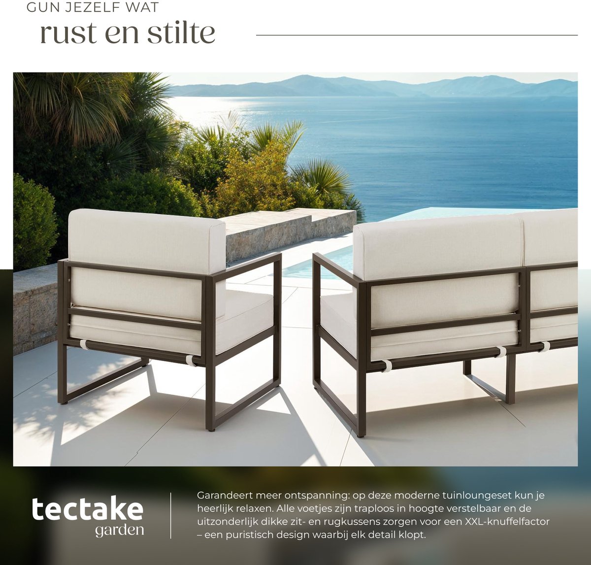 tectake® - Tuin-loungeset Comosa - Voor 6 personen - Tuinset - Grote bank, kleine bank en fauteuil - Waterafstotende en ultradikke zit-en rugkussens - Draagkracht 120kg per zitplaats - Bruin/beige – foto 3