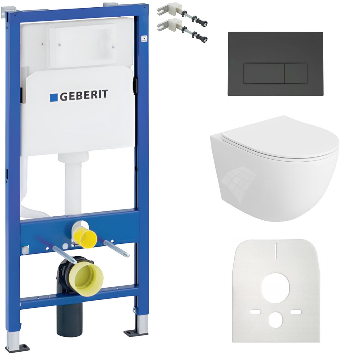 Inbouwreservoir Complete Toiletset Geberit Duofix Basic - Inbouw WC Hangtoilet Wandcloset SINTO Wit Hoogglans - Bedieningsplaat DELTA Zwart - Voorwandelement - Installatiesysteem