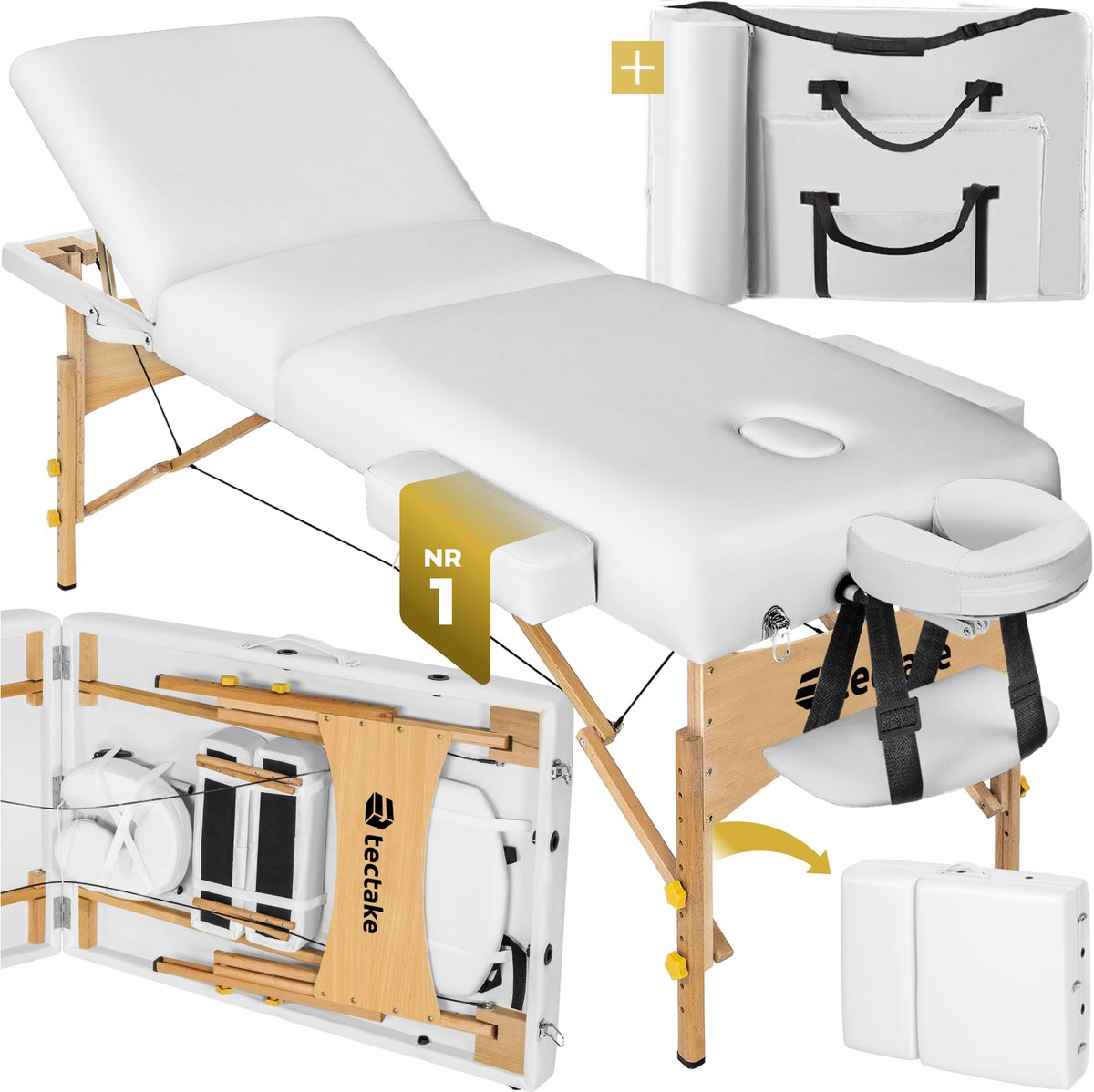 Goedkoopste tectake® 3-zone massagetafel - Draagvermogen 250 kg - Mobiele massagebank - Houten frame - Behandeltafel - Inclusief draagtas, hoofdsteun en armleuning - Dikte matras 7,5 cm - In hoogte verstelbaar - Afmeting (LxBxH) 218x102x65 - 90 cm - Wit