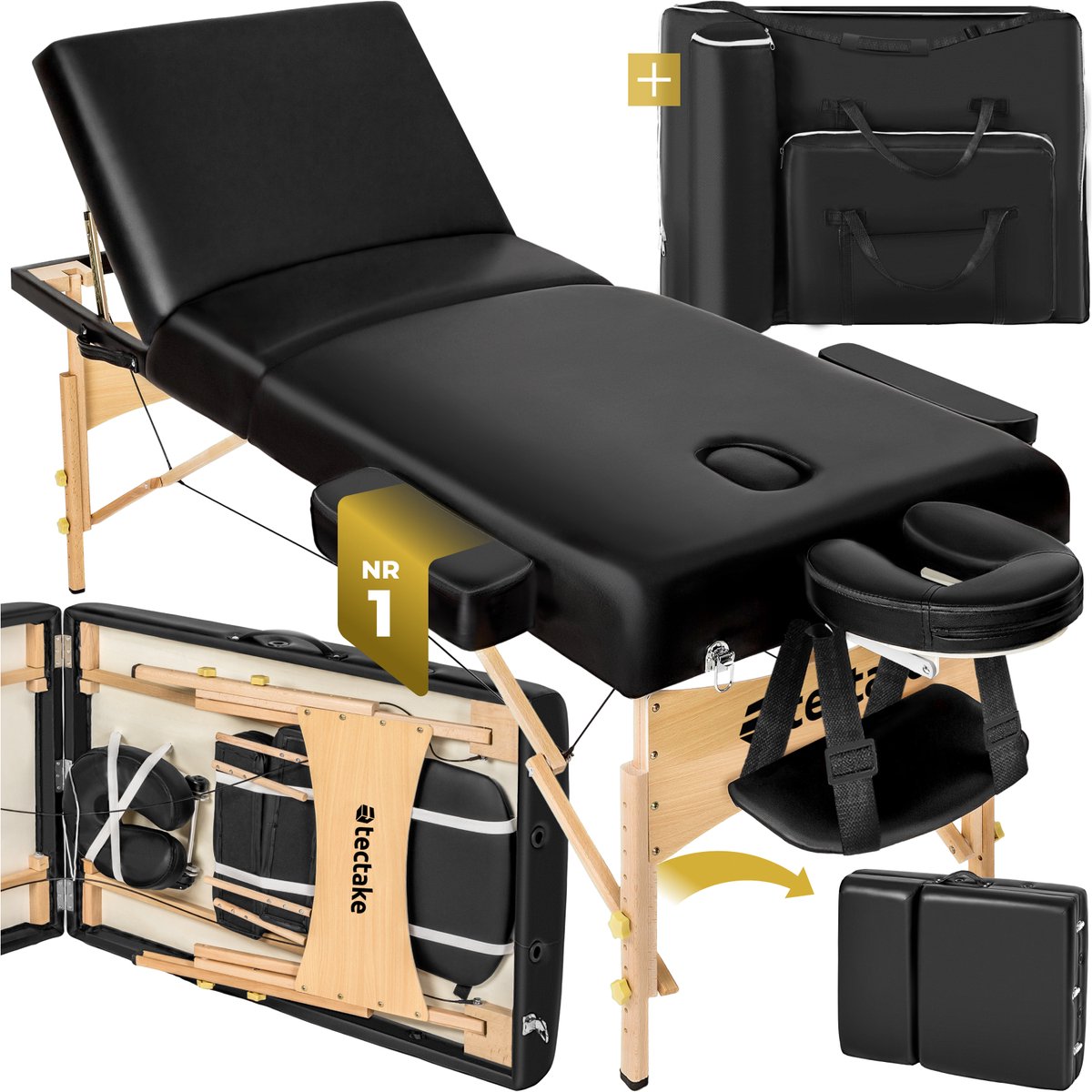 Goedkoopste tectake® 3-zone massagetafel - Draagvermogen 250 kg - Mobiele massagebank - Houten frame - Behandeltafel - Inclusief draagtas, hoofdsteun en armleuning - Dikte matras 7,5 cm - In hoogte verstelbaar - Afmeting (LxBxH) 218x102x65 - 90 cm - Zwart