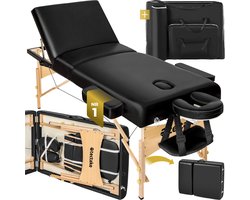 tectake® 3-zone massagetafel - Draagvermogen 250 kg - Mobiele massagebank - Houten frame - Behandeltafel - Inclusief draagtas, hoofdsteun en armleuning - Dikte matras 7,5 cm - In hoogte verstelbaar - Afmeting (LxBxH) 218x102x65 - 90 cm - Zwart