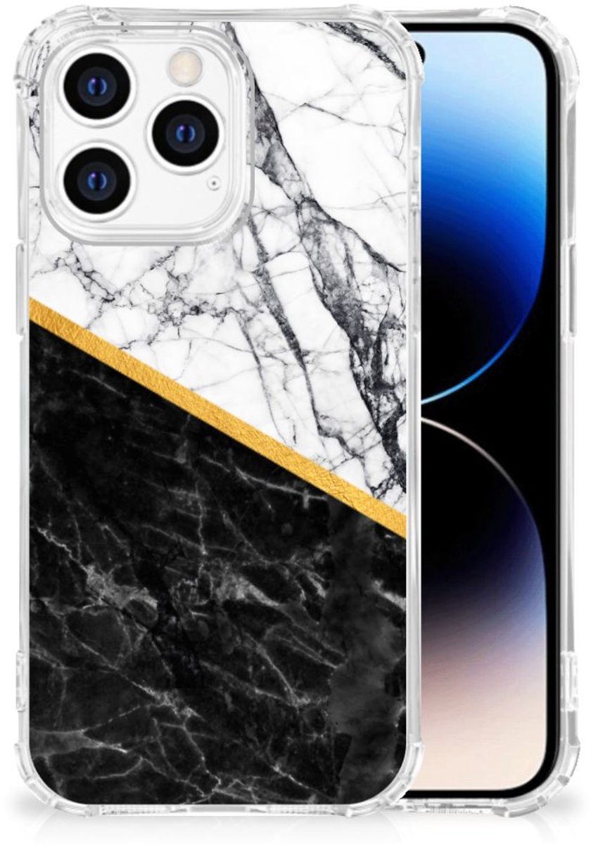 iPhone 14 Pro Anti-Shock Hoesje Marmer Wit Zwart - Origineel Cadeau Man