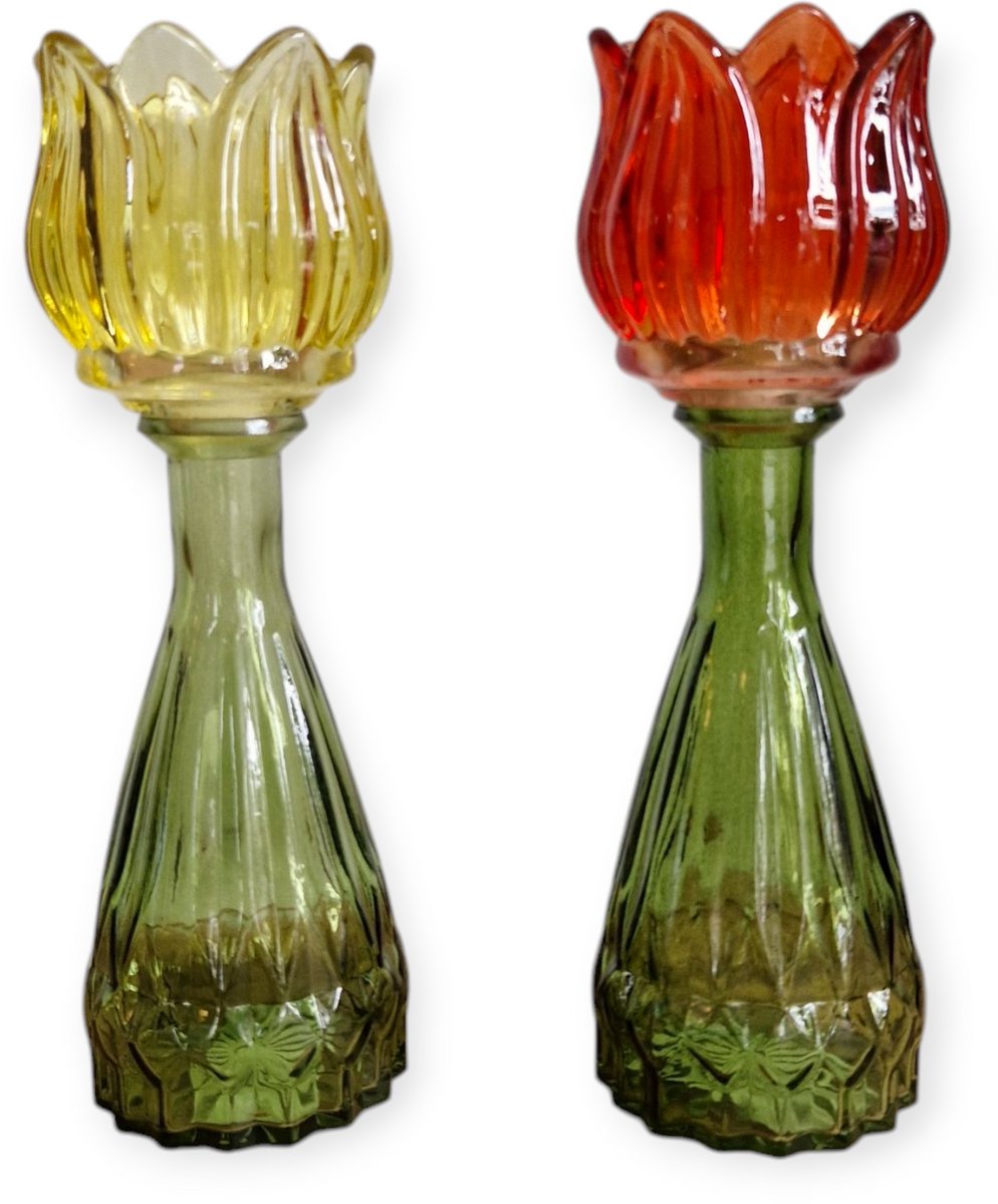 Daan Kromhout - Waxine houders - Kaarsenhouders - Set van 2 - Tulp - Glas - Geel/Oranje - 7x22cm