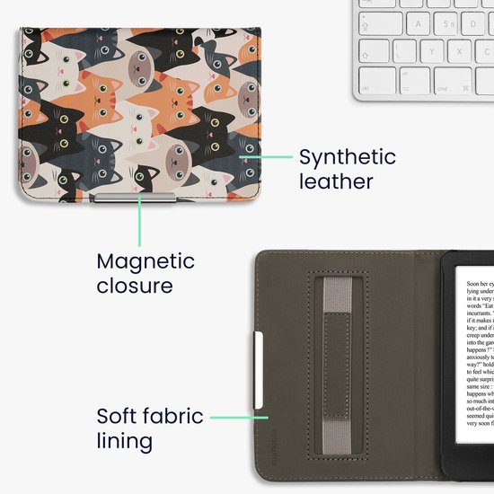 kwmobile e-reader hoesje geschikt voor Kobo Clara BW / Colour hoes - E reader flip case met magneetsluiting - Ereader cover - Katten design in oranje / zwart / wit van Merkloos — afbeelding 3