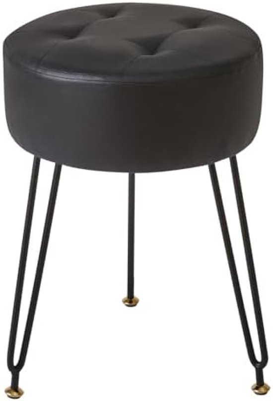 IBUYKE Faux lederen ronde voetsteun make-up ijdelheid bijzettafel, PU kaptafel stoel, poef bank, gouden stalen poten, zwart L/G-31B