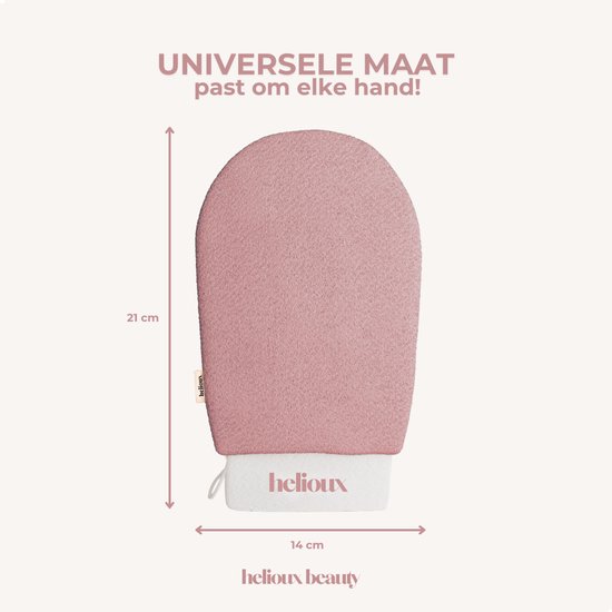 Roze scrubhandschoen, 21 cm hoog en 14 cm breed, met wit uiteinde met het logo "helioux".