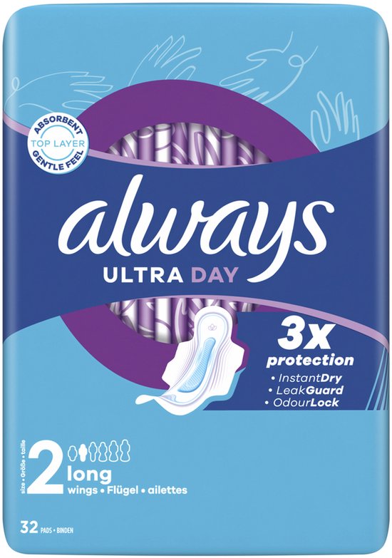 Always Ultra Day maandverband, maat 2 Long, met vleugels, 3x bescherming: InstantDry, LeakGuard, OdourLock. 32 stuks.