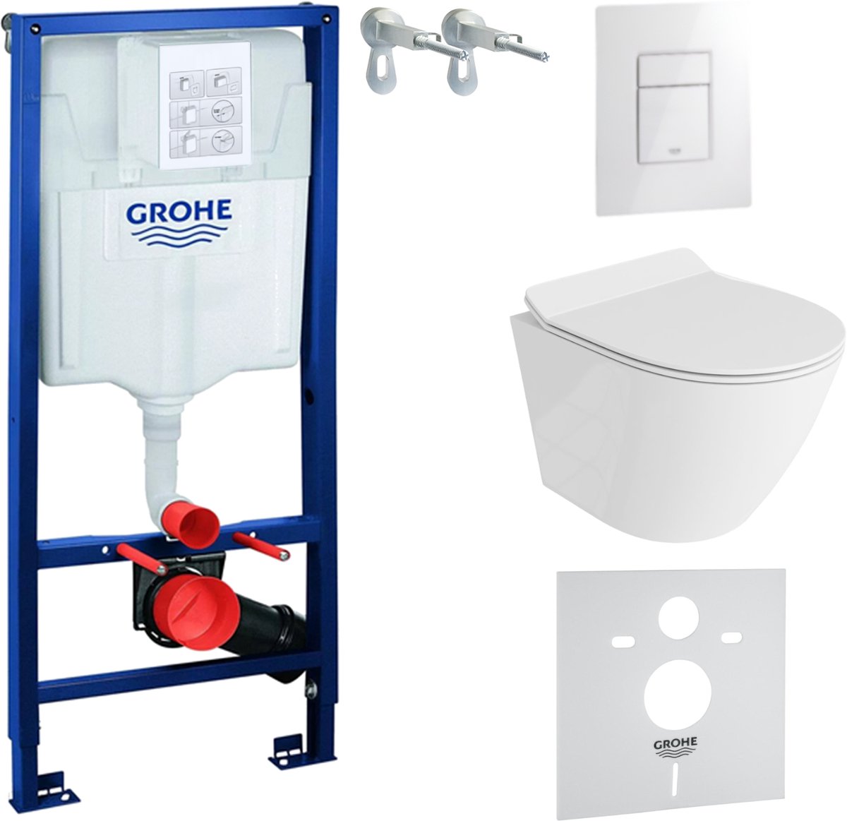 Inbouwreservoir Complete Toiletset Grohe Solido 39069000 - Inbouw WC Hangtoilet Wandcloset Sogo Slim Wit Hoogglans - Bedieningsplaat EVEN 3in1 Wit Hoogglans - Voorwandelement - Installatiesysteem