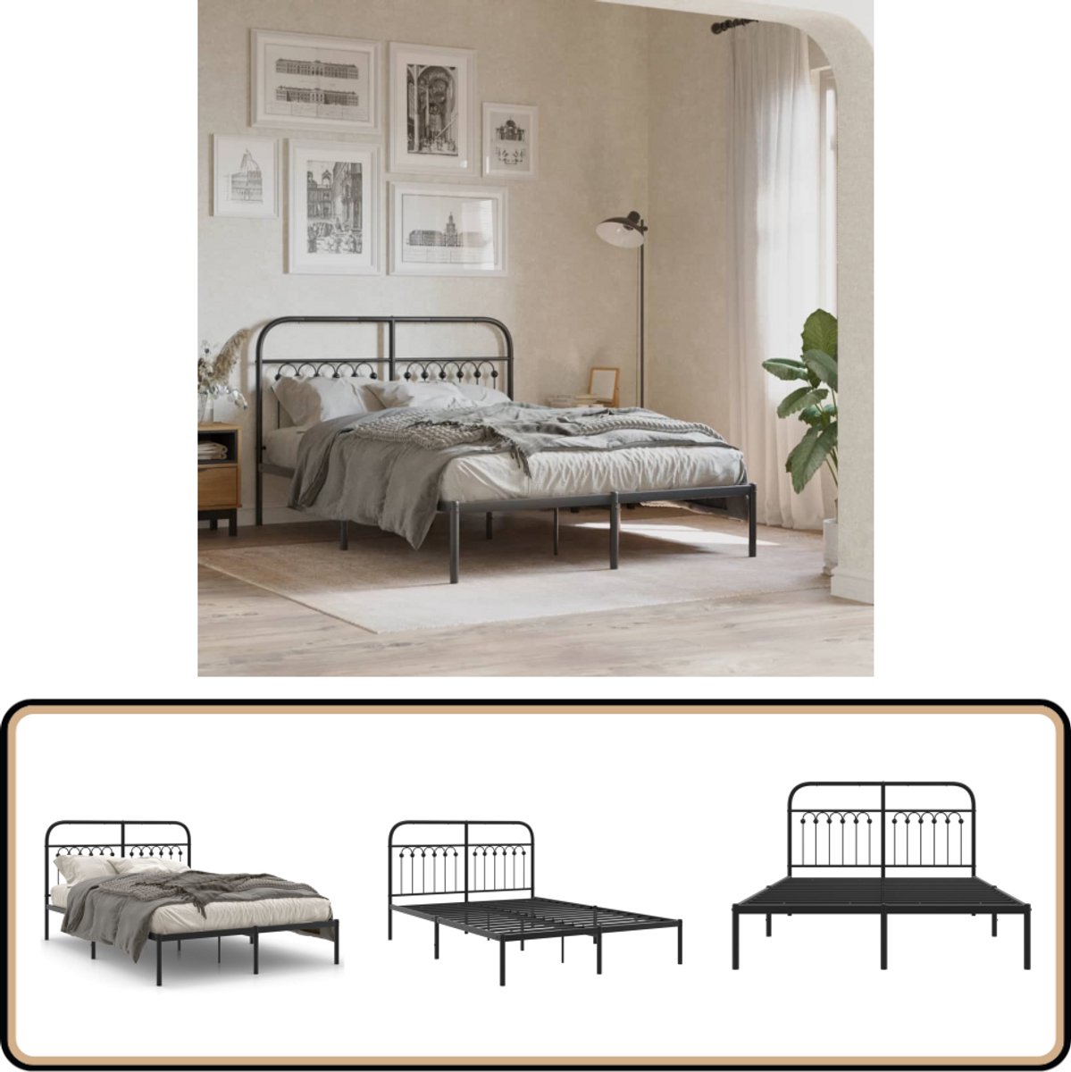 vidaXL - Bedframe - met - hoofdbord - metaal - zwart - 135x190 - cm