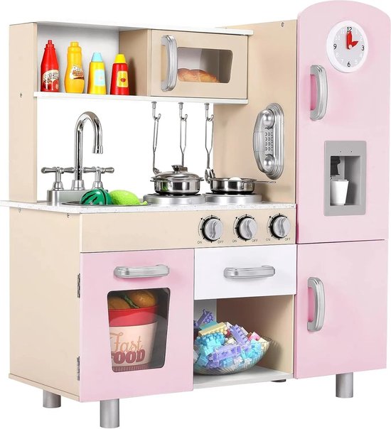 ROZE Grote Houten Speel Keuken Set met Gesimuleerde Licht- en Geluidseffecten, Poppenkeuken & Keukenaccessoires - Fantasiespelkeuken inclusief Fornuis, Oven, Magnetron, IJsmachine, Koffiezetapparaat, Telefoon, Kookgerei, Klok - Realistische Functies