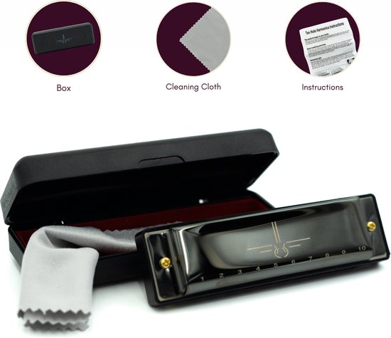 Mondharmonica C voor Volwassenen en Kinderen - Instructieblad - Metallic Black Blues Harp