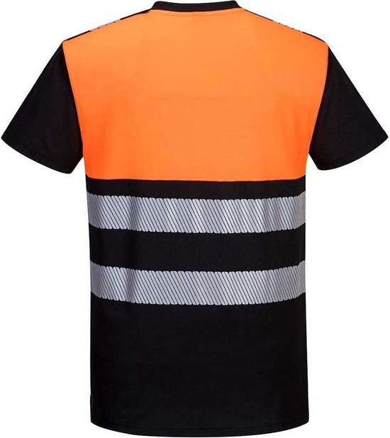 Achterkant van Portwest PW3 Hi-Vis T-shirt in oranje en zwart met reflecterende strepen.