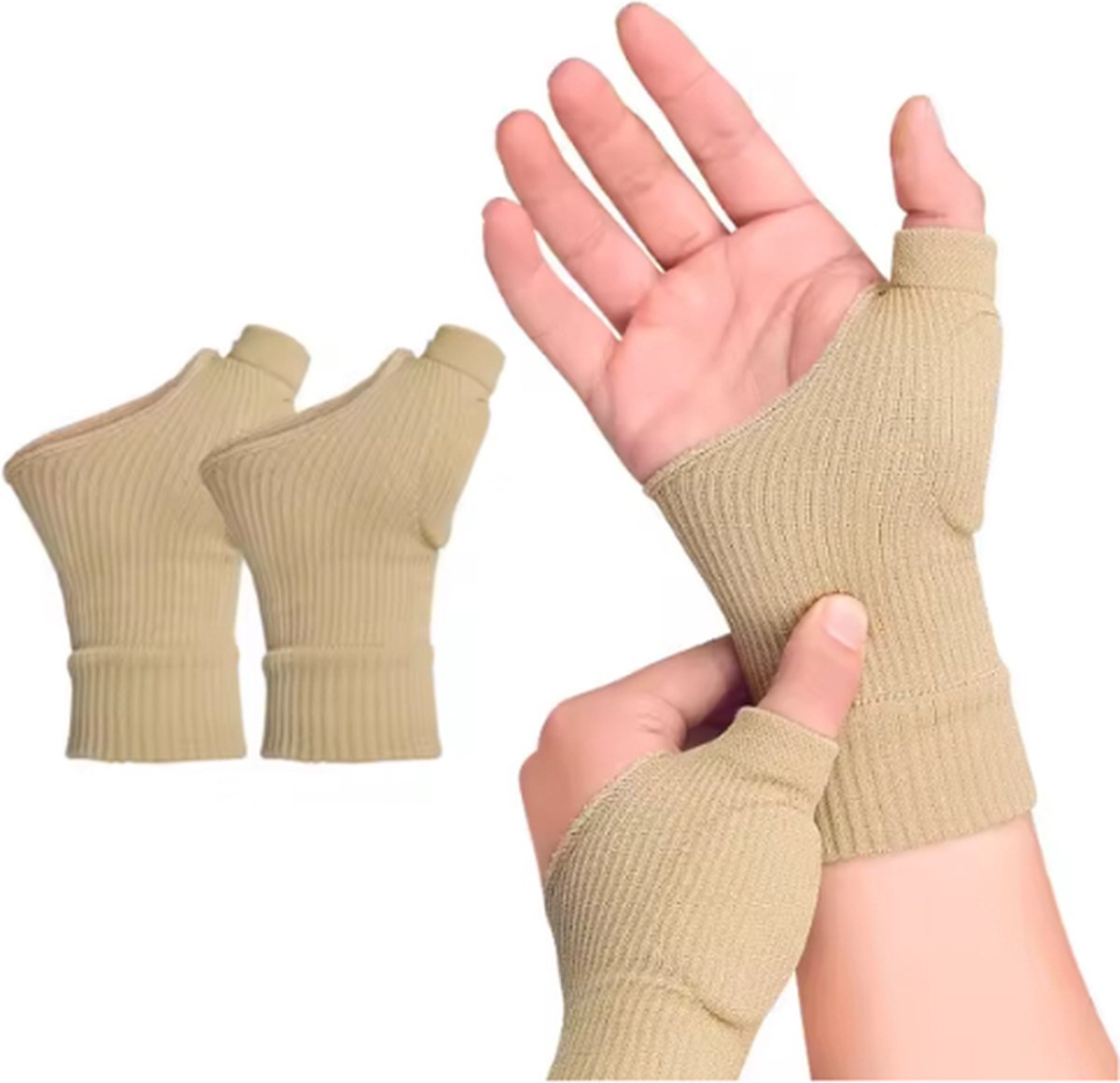 Duim Compressiehandschoenen - Brace - Ondersteuning bij Artritis, RSI, Pijnverlichting en Herstel - Comfortabel en Ademend - Ideaal voor Dagelijks Gebruik - One Size - Beige