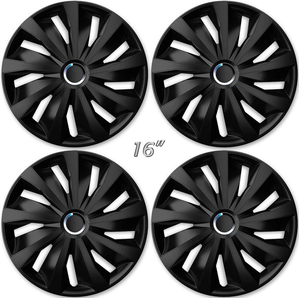 Wieldoppen GRIP BLACK 16 inch mat zwart + chroom ring set a 4 stuks in doos (a.u.b. tekst lezen!)