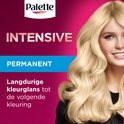 Model met lang, golvend, blond haar. Palette logo bovenaan. "INTENSIVE PERMANENT". Langdurige kleurenglans tot de volgende kleuring.