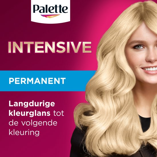 Model met lang, golvend, blond haar. Palette logo bovenaan. "INTENSIVE PERMANENT". Langdurige kleurenglans tot de volgende kleuring.