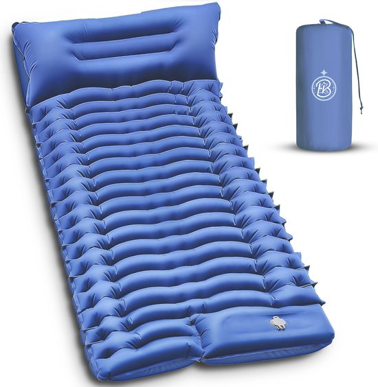 Kochar Slaapmat zelfopblazend - Slaapmat met ingebouwde voetpomp & hoofdkussen - Extra groot formaat - Camping matras - Slaapmatje - Blauw