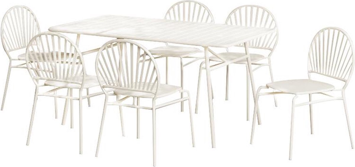 Vente-unique Tuineethoek van metaal: een tafel D160 cm en 6 stoelen - Beige - CEDEIRA van MYLIA L 160 cm x H 82 cm x D 80 cm