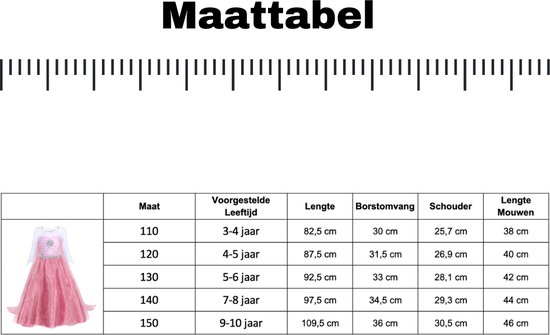 Maattabel voor een roze prinsessenjurk met afbeelding van de jurk.