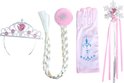 Accessoireset: tiara met roze steentjes, gevlochten haarstuk, roze handschoenen en toverstaf.
