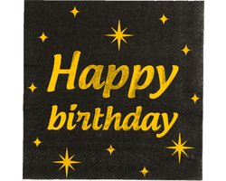 Paperdreams Verjaardag feest servetten - Happy Birthday - 16x stuks - zwart/goud - 33 x 33 cm