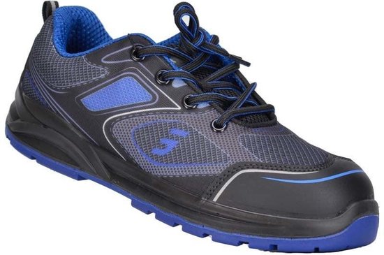 Chaussure de travail bleue et noire avec une structure en mesh ouvert et des accents bleus.
