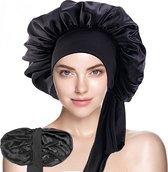 Xaria Slaapmuts - Dubbelzijdige Satijnen Bonnet met Verstelbare hoofdband met Lange Lussen - Bonnet van Satijn - Haarnetjes met dubbele voering - Zwart