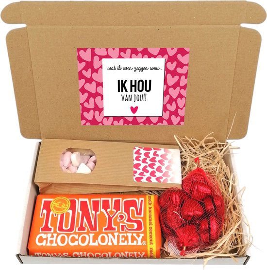 Valentijn cadeau pakketje - Ik hou van jou - brievenbus pakketje - Chocolade hartjes - Tony Chocolonely - snoephartjes - Liefde - Valentijn - Zomaar