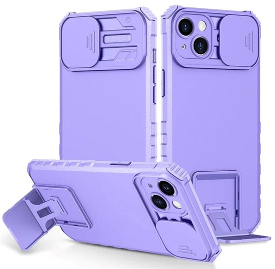 Cityhoesje - iPhone 15- Slide Camera Lid – BackCover - Anti-drop Kickstand - Paars
