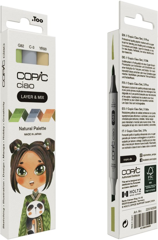 Palette Copic Ciao « LAYER & MIX » Natural , 3 pièces, beige, vert clair, Grijs clair, pointe biseautée/pinceau, ronde, encre à base d'alcool, adulte/enfant