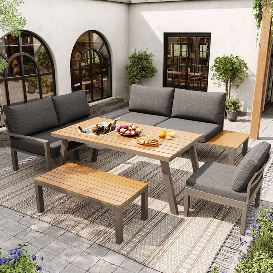 Sweiko Tuinset - Dining loungeset - 6-7 Personen - Met Eettafel - Tafelblad met ijsemmer - Grijs