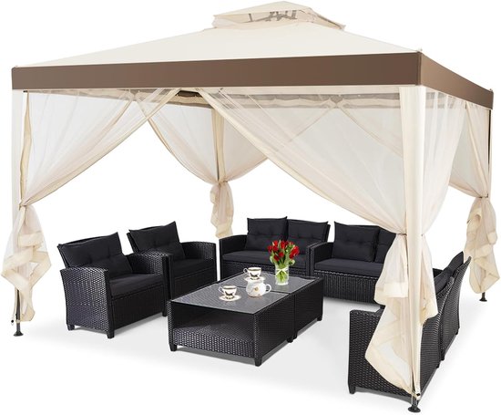 Pavillon COSTWAY 3 x 3 m avec moustiquaire et double toit, imperméable, stable, résistant à l'hiver, pavillon de jardin, tente de fête pour terrasse, jardin, arrière-cour (beige)