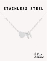 Collier Lettre H Couleur Argenté - Acier Inoxydable - Pendentif Initiale & Coeur - Collier Initiales sur Carte Cadeau - Pax Amare