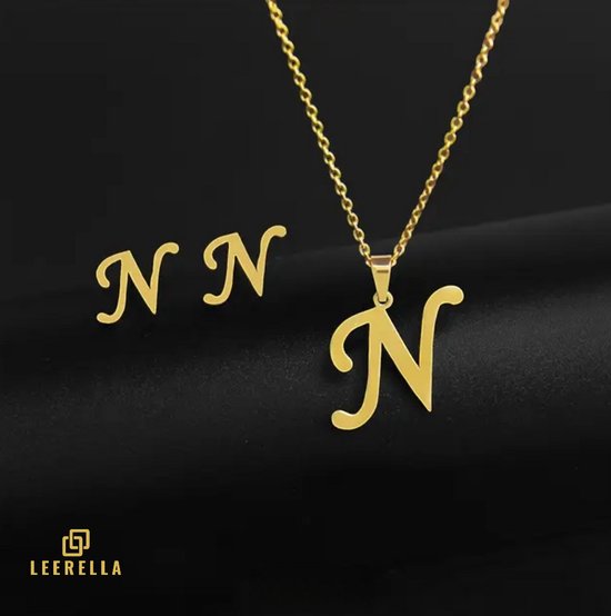 Leerella | N | Set collier et Boucles d'oreilles de Luxe avec initiales en or – Acier inoxydable – Lettres de A à Z – Bijoux personnels pour toutes les occasions, cadeau de fête des mères, de Saint-Valentin et d'anniversaire Collier 45 cm