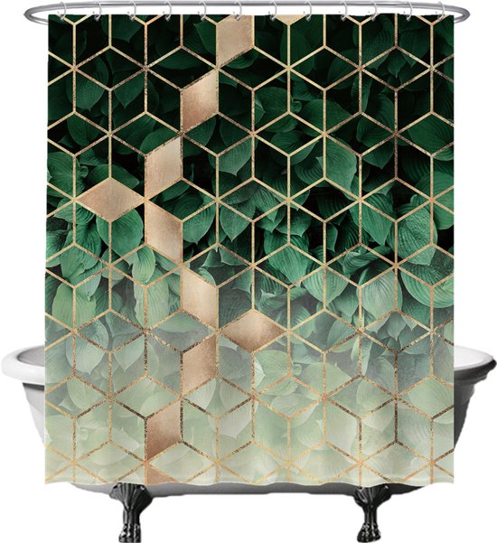 Rideau de douche avec un motif géométrique doré sur des feuilles vertes, s'estompant vers le bas.